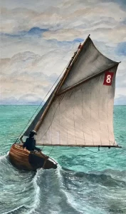 The open boat Broadlance taking part in a race with a lady at the helm (c 1910).