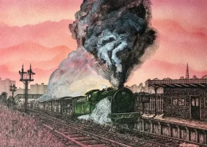 Steam locomotive and goods train.