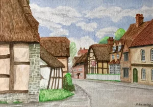 Village scene with thatched cottages.