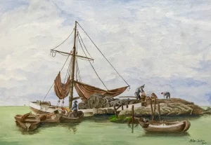 Unloading a sailing ship.